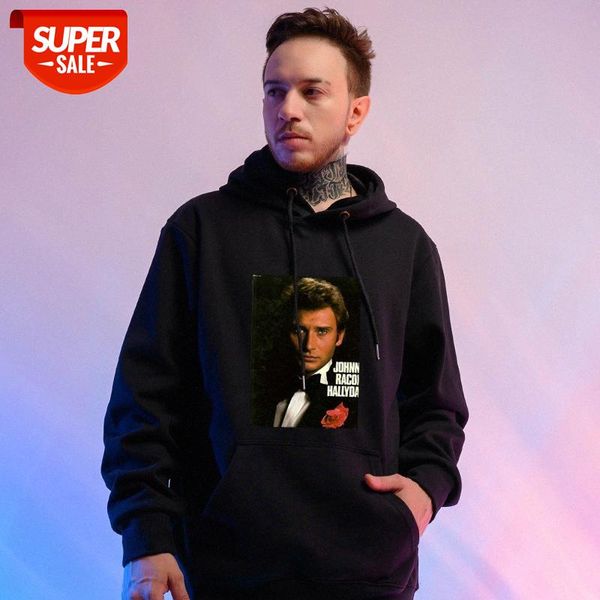 

apparel johnny hallyday printed fleece hoodie sweatshirt black #rc8c