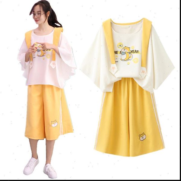 

summer women kawaii sailor collar t shirt wide leg pants 2 pcs set teenager girls cute dog embroidery batwing sleeve tee suit, Gray