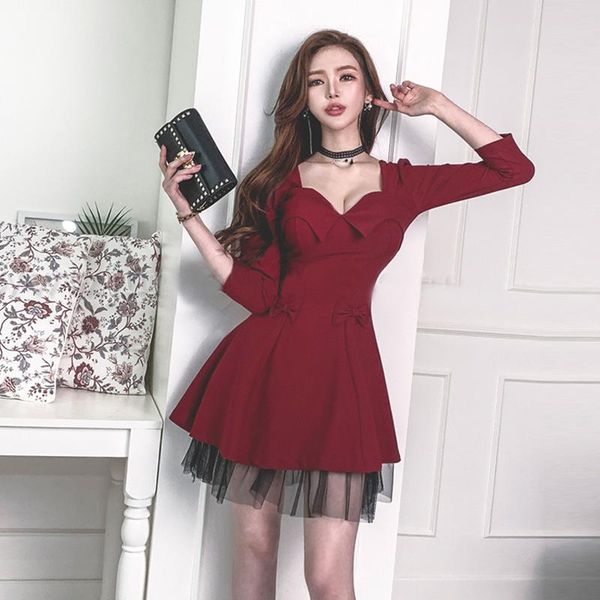

casual dresses arrival fashion spring mini party dress women temperament sweet low-cut v-neck bow mesh stitching high-waist a-line, Black;gray