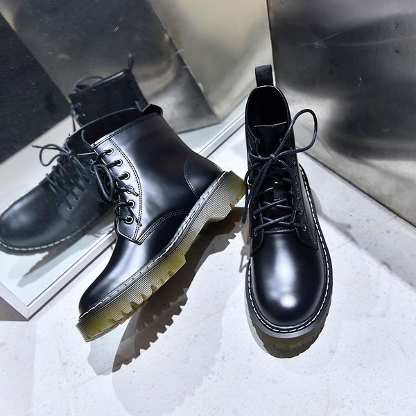 

boots 2021 leather fashion female womens thick bottom motorcycle shoes botas mujer r11-94, Black