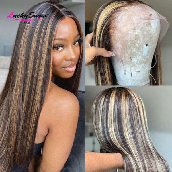 

lace wigs straight ombre 1b/27 colored front human hair for women brazilian remy highlight honey blonde 4x4 closure wig, Black;brown