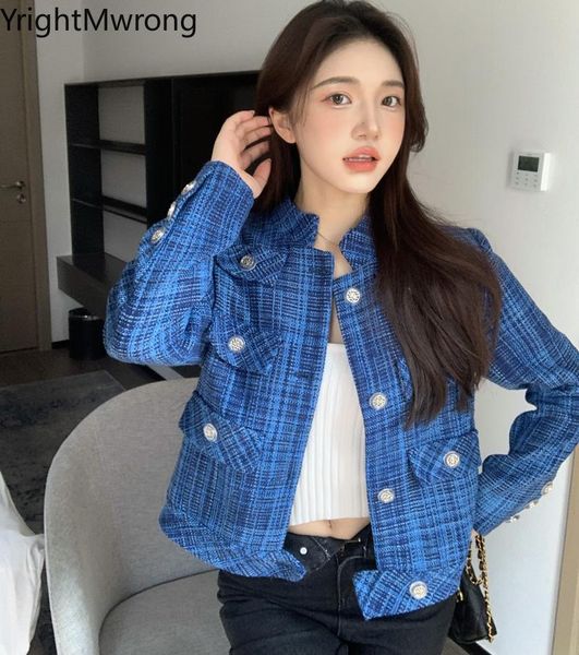

women's jackets vintage blue lattice wave tweed button slim jacket fall korean cloth fashion coat women autumn spring windbreaker outwe, Black;brown