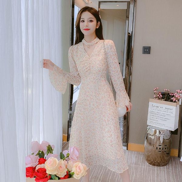 

casual dresses fairy floral dress spring and autumn 2021 design sense niche waist slimming temperament long sleeve midi, Black;gray