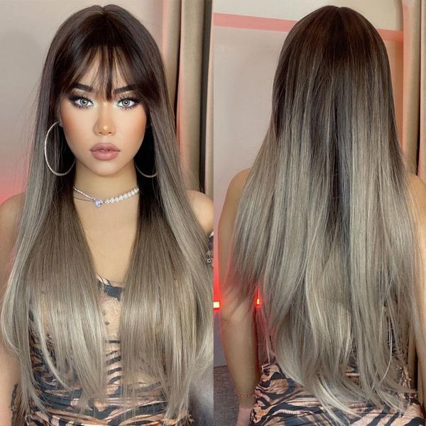 

synthetic wigs henry margu long straight ombre brown gray hair wig with bangs for women cosplay lolita party heat resistant, Black