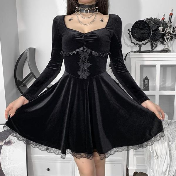 

casual dresses drop 2021 gothic lolita dress lace mini black draped bodycon goth vintage long sleeve halloween party wedding, Black;gray