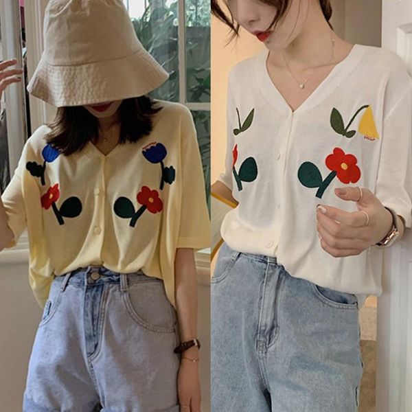 

summer wild embroidery flower v-neck knitted ladies shirt was thin and thin button short sleeve shirt, White
