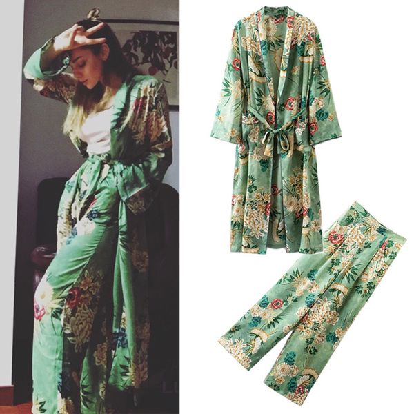 

quality and style 2021 new autumn woman printed kimono jacket paragraph + baggy pants tender leg 80zl, Gray