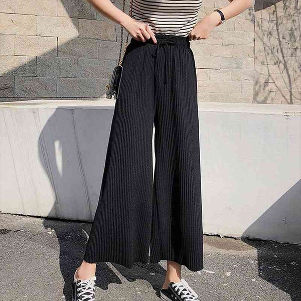 

tie wide leg womens pants high waist plus size casual culottes trousers solid color pantalones pleated, Black;white