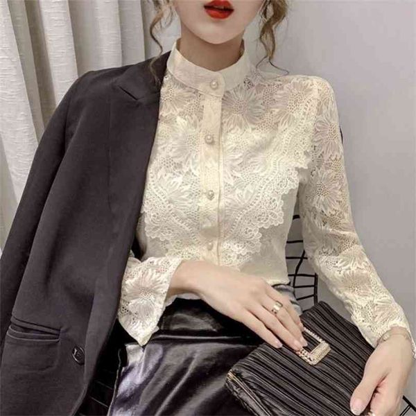 

lady pearl stand collar lace shirt women's fashion long-sleeved spring autumn casual blouse p032 210527, White
