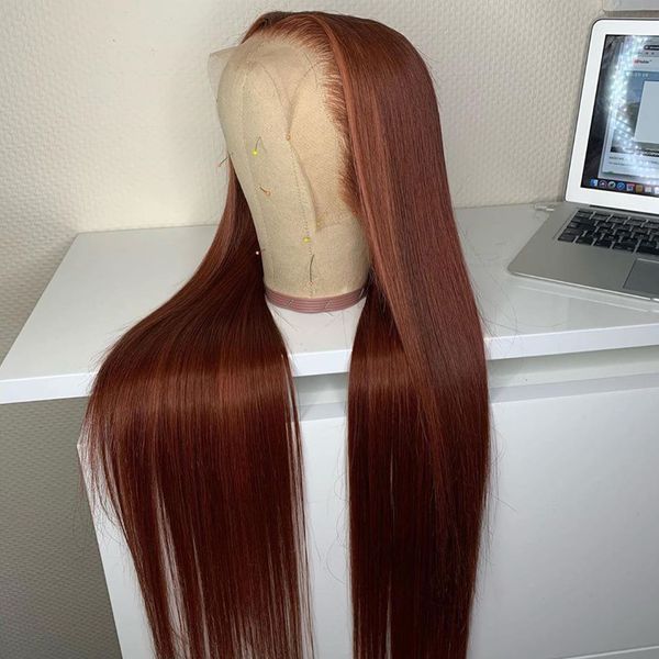 

180density glueless ginger orange color smooth straight lace front wig for women with closure heat resistant fiber soft daily wear 26inch lo, Black;brown