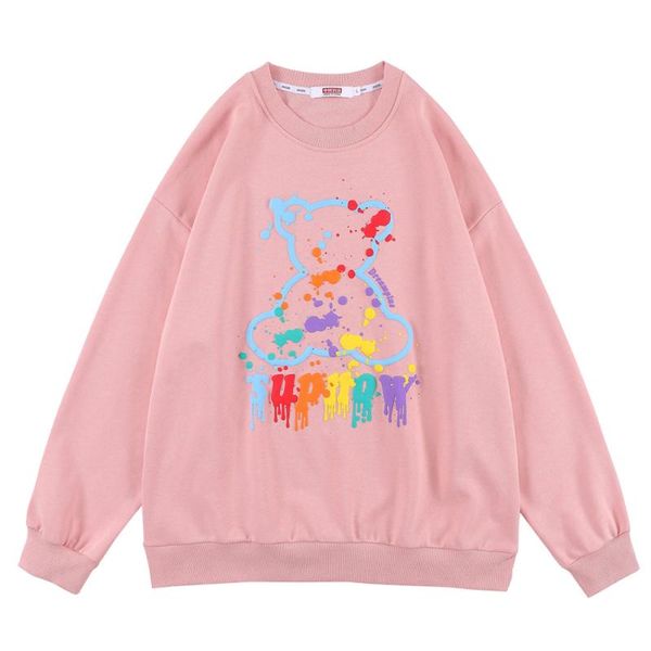 

men's hoodies & sweatshirts 2021 autumn winter hip-hop splash ink bear color foam printing sweater loose high street round neck long sl, Black