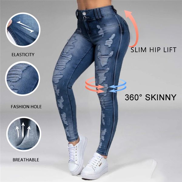 Jeans Skinny Rasgado Mulheres Cintura Alta Sexy Calças Estrias Coreano Moda Streetwear Afligido Slim Azul Branqueado Denim Calças 210222