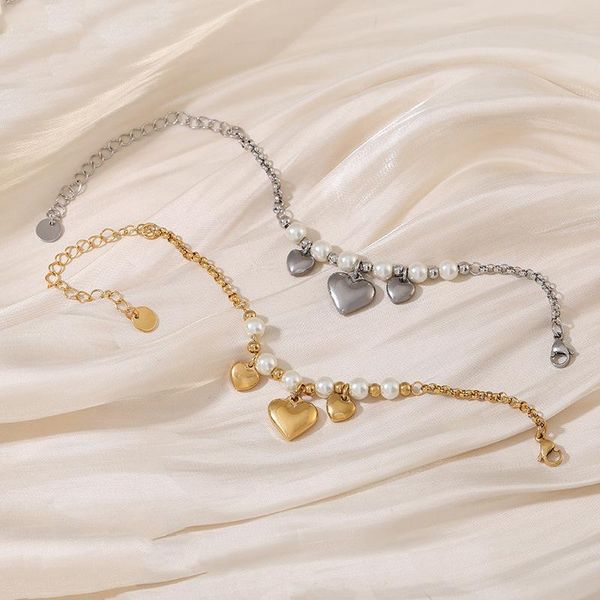 

link, chain trendy imitation pearl heart pendant bracelets stainless steel women fashion jewelry accessory, Black