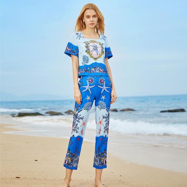

women's two piece pants 2021 designer summer fashion trousers set starfish print diamond t-shirt + casual vacation two-piece suit, White