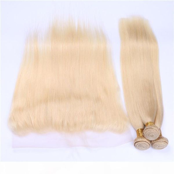

pure #613 blonde 13x4 lace frontal closure with bundles silky straight virgin brazilian blonde human hair weaves with ear to ear frontal, Black