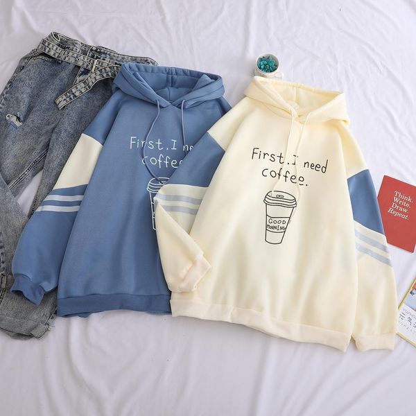 

coffee funny print autumn winter korean first i need coffee streetwear casual hooded sweatshirts drop shoulder female top, Black
