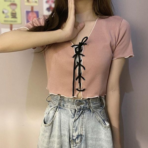 

women's t-shirt tie v-neck high waist casual summer solid knitted short-sleeved top, White
