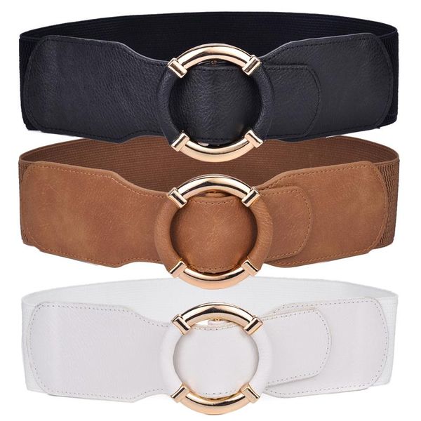 

belts fashion women elastic stretch wide waist female gold circle buckle cummerbands for dress sweater clothing accessories, Black;brown