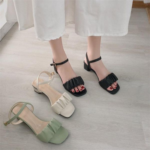 

sandals summer 2021 brand women pleated casual simple beach flip flops open toe square shoes outdoor female, Black