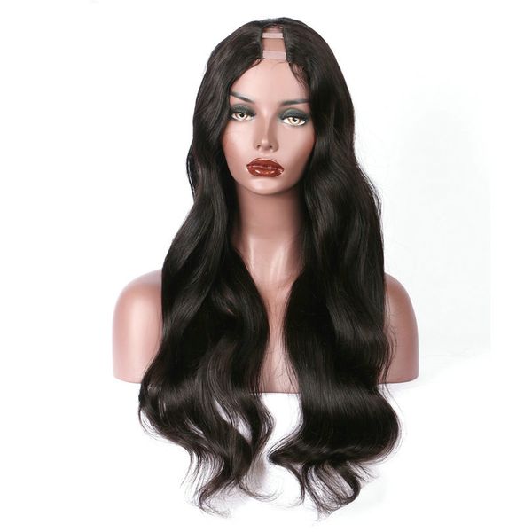 

long wavy u part human hair wigs virgin malaysian body wave remy glueless human hair upart wig middle u openning 1"x4", Black;brown