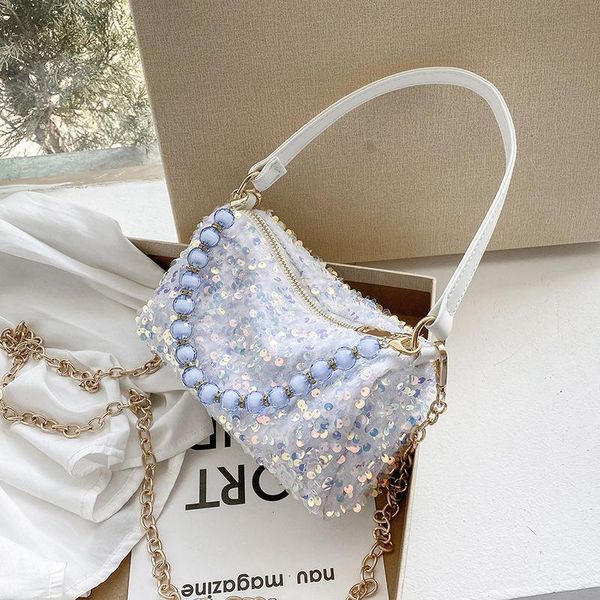 

shoulder bags summer sequins baguette for women 2021 chain pu leather female beading crossbody bag sac femme bolso flap