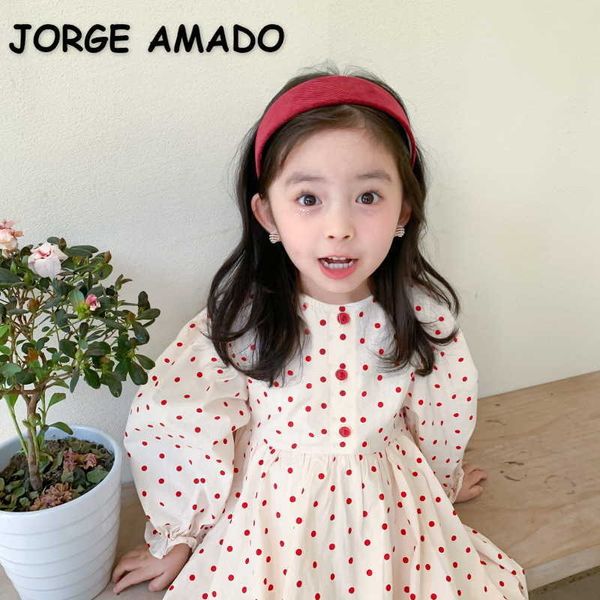 Koreanischer Stil Frühling Mädchen Kleid Red Dot Lange Puffärmel Prinzessin Kleider Kinder Kleidung E646 210610