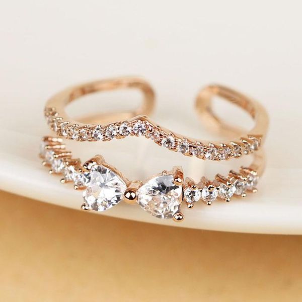

cluster rings fashion zircon gold-color v shaped ring double layers women bijoux jewelry cute delicate gift, Golden;silver