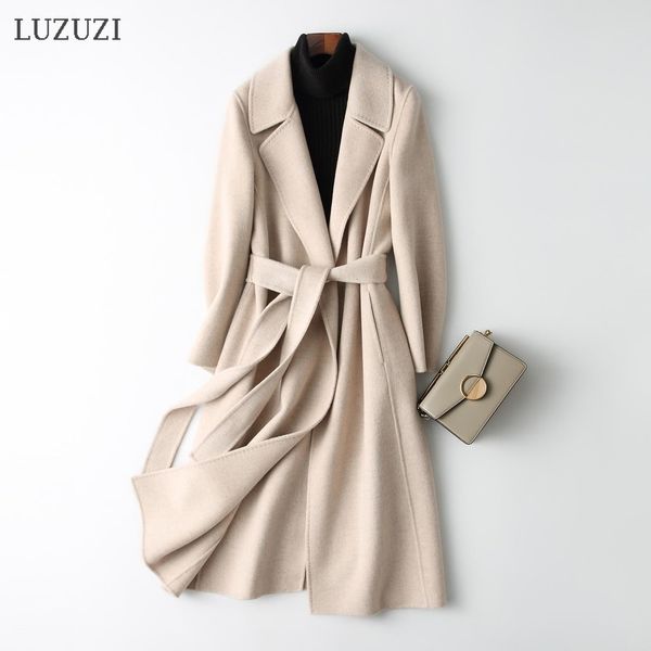 

2021 new cashmere long female elegant turn down collar woolen with belt open stitch design women winter warm coat wb7c, Black