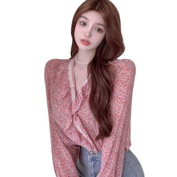 

women's blouses & shirts women pollover floral lace chiffon shirt thin sunscreen ruffle sweet summer autumn long sleeve, White
