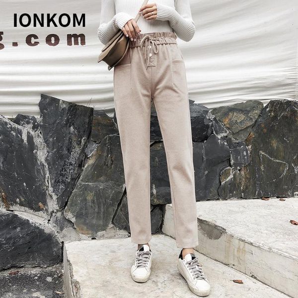 

women's pants & capris ionkom autumn women harem casual elastic mid waist button pocket office lady femme trousers with drawstrings, Black;white