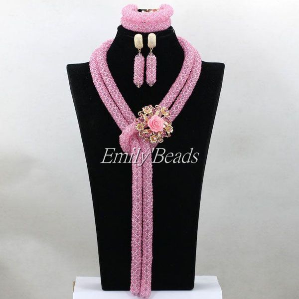 

earrings & necklace 2021 handmade baby pink crystal women necklaces set costume jewellry nigerian wedding african beads jewelry alj284, Silver