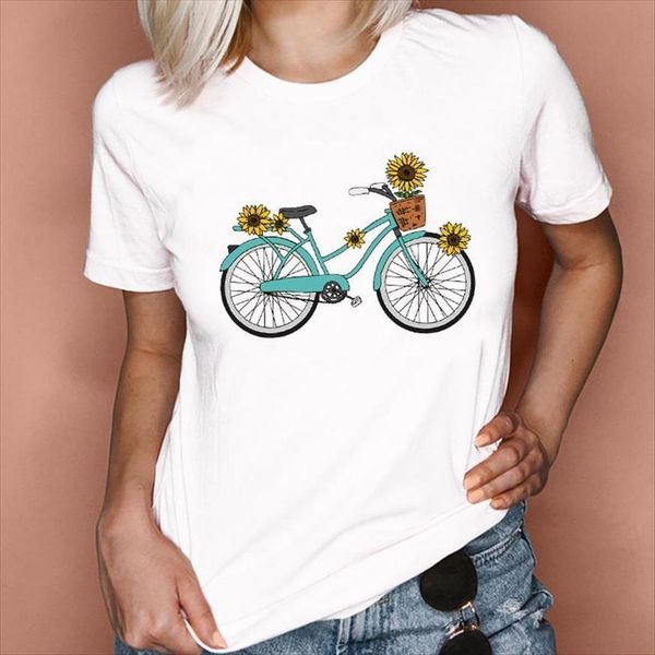 

graphic flower bike bicycle web womens t shirt style trend fashion 90s short sleeve lady tees print female, White
