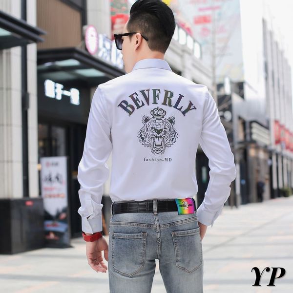 

2021 men's long sleeve shirts with fine casual fitting korean dress tiger strass trend streetwear male shirt m1xn, White;black