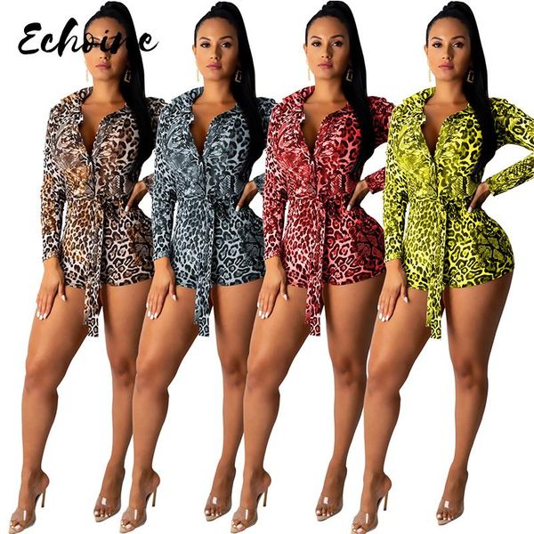 

echoine cheetah leopard playsuit for women bodycon body suit turn down collar long sleeve printed romper jumpsuits belt, Black;white