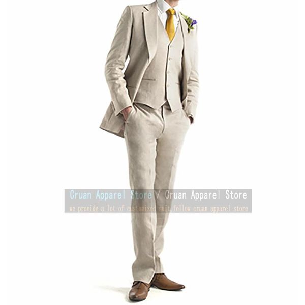 

men's suits & blazers classic beige beach linen for men slim fit formal man groom wedding dress tuxedo casual blazer vest pants 3 piece, White;black
