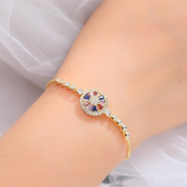 

charm bracelets luxury female crystal flower bracelet rose gold silver color for women cute rainbow zircon stone party chain, Golden;silver