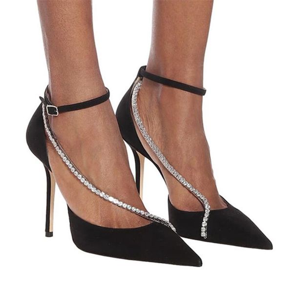 

dress shoes 2021 women pumps pointed toe 10cm high heels prom woman ankle strap crystal decor stiletto summer sandals, Black
