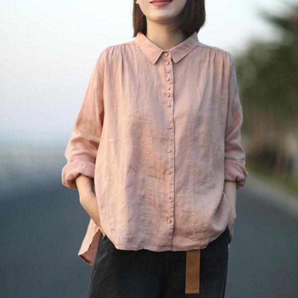 

johnature autumn retro style solid color turn-down collar long sleeve cotton linen shirt 2021 new loose comfortable women, White