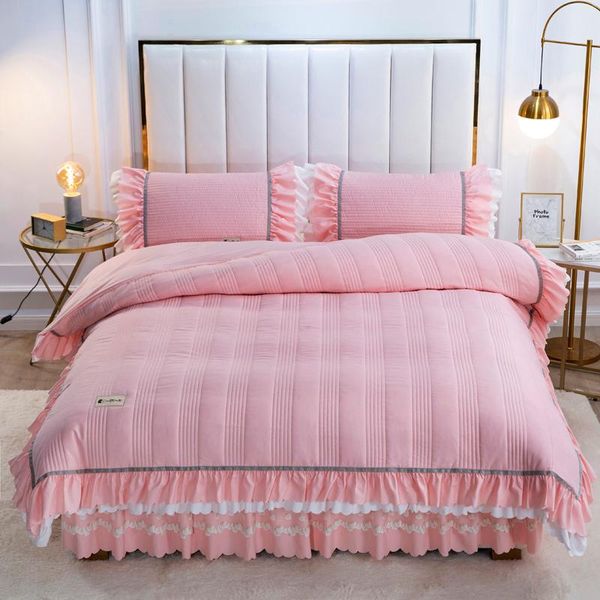 

bedding sets korean set stripe quilted duvet cover bed skirt pink wedding girl bedspread bedclothes for four season women gift