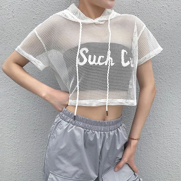 

women's blouses & shirts short sleeve blouse women mesh tee hooded hollow out punk rock crop white fishnet black