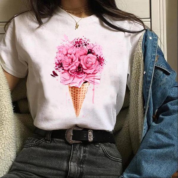

women clothes lady graphic ladies ice cream cartoon flower floral summer autumn print tees female t shirt womens t shirt, White