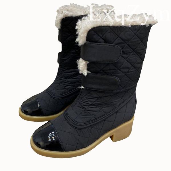

boots round toe square heel lace-up bnow booties patent leather down boottes lamb wool furry inside short for women, Black