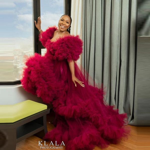 

2021 extra puffy tulle prom dresses aso ebi style plus size ball gowns pleated puff short sleeves high low evening gowns, White;black