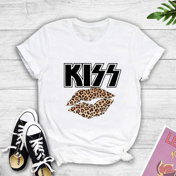 

kiss leopard mouth printing short sleeve t-shirt female short sleeve casual tee crew neck 6 colors, White