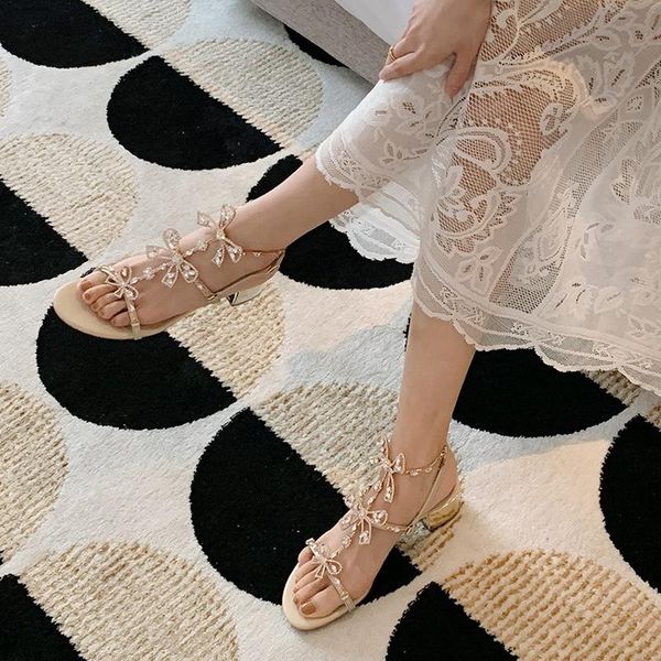 

sandals heel fairy wind 2021 toe middle all-match bow rhinestone female coarse, Black