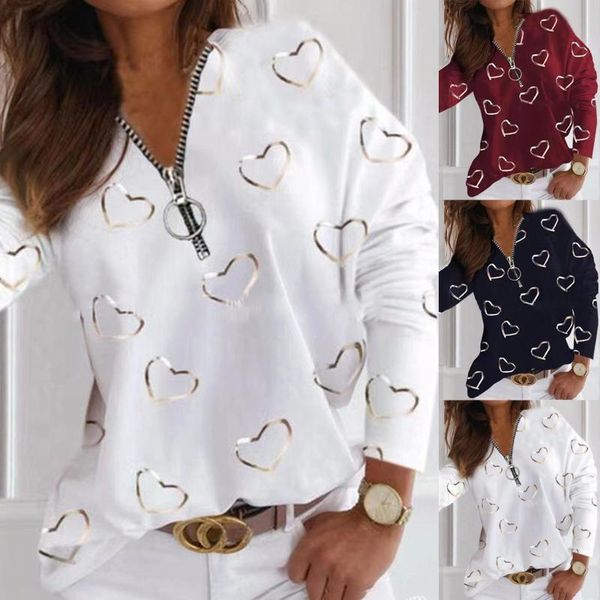 

women's blouses & shirts elegant women blouse printing fashion casual v-neck love zipper autumn spring female, White