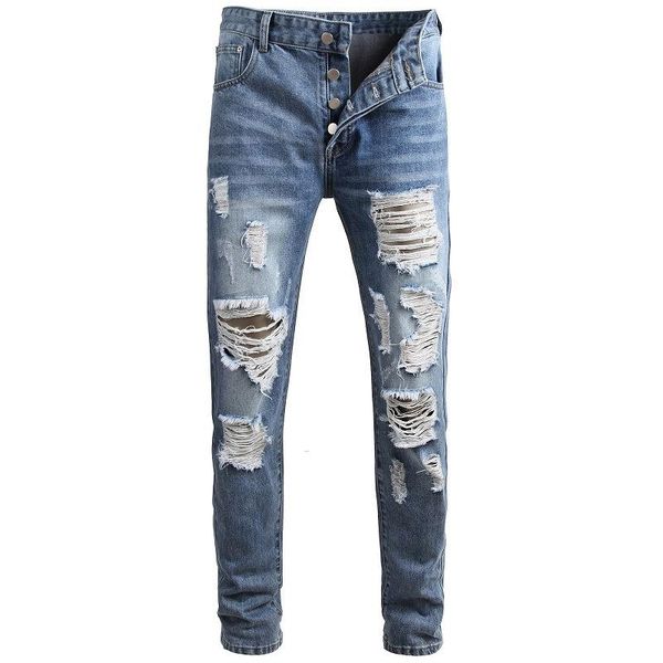 

biker distressed jeans ripped fashion denim streetwear hop blue regular pants straight jeans hip moto men pants bhvdg, Black