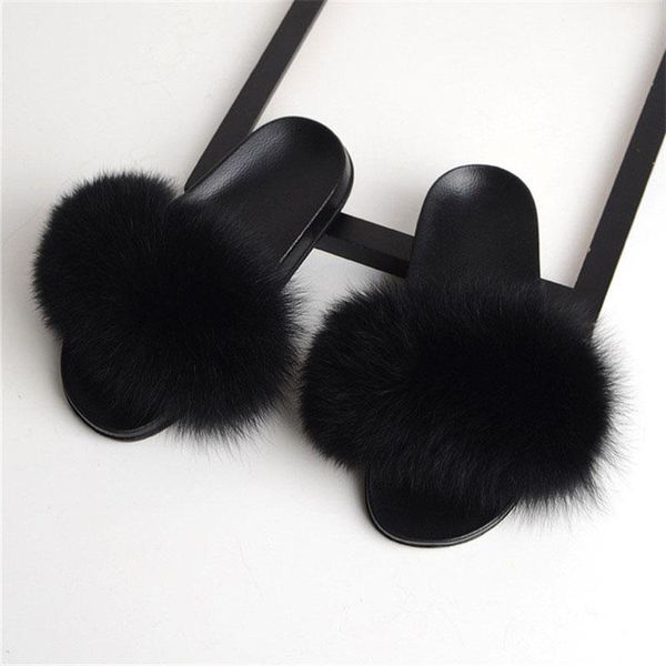 

slippers 2021 winter real fur slides women's indoor warm furry girls plush sandals women home flip flops, Black