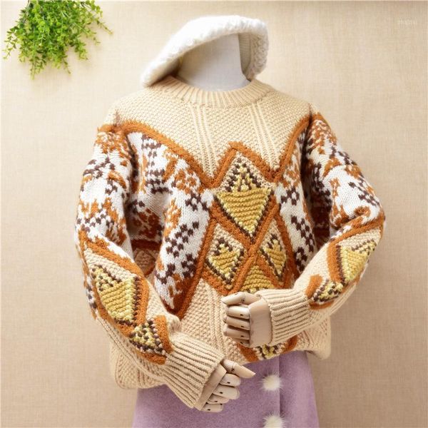 

women's sweaters women ladies winter fashion vintage hand-woven clothes long sleeve loose 100% wool sweater pullover print knit, White;black