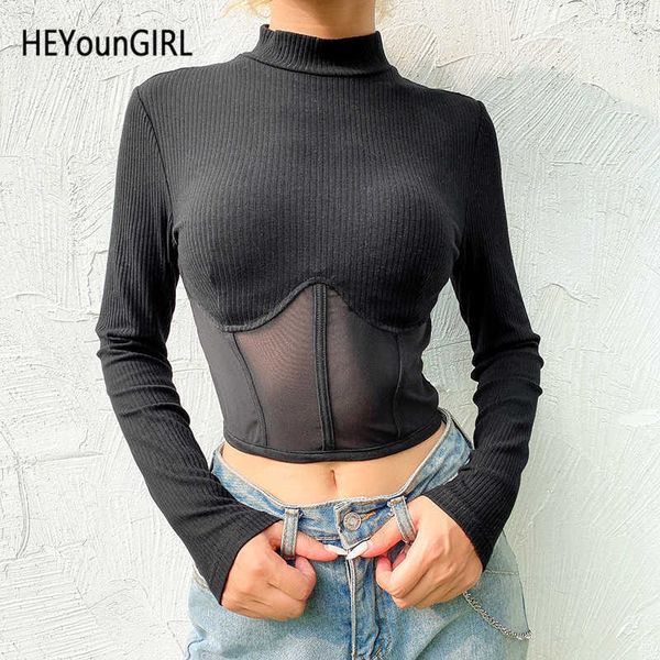 HEYounGIRL Patchwork Mesh Black T Shirt Harajuku Trasparente Manica lunga Donna Tshirt Top Hold Chest Casual Tee Shirt Donna T200617